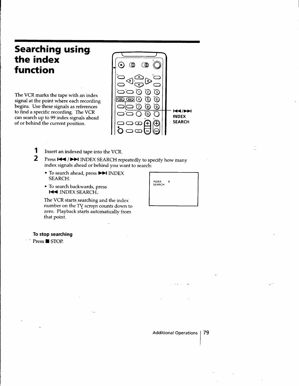 Searching using the index function, To stop searching, Q 0 '0 | Sony SLV-998HF User Manual | Page 79 / 100