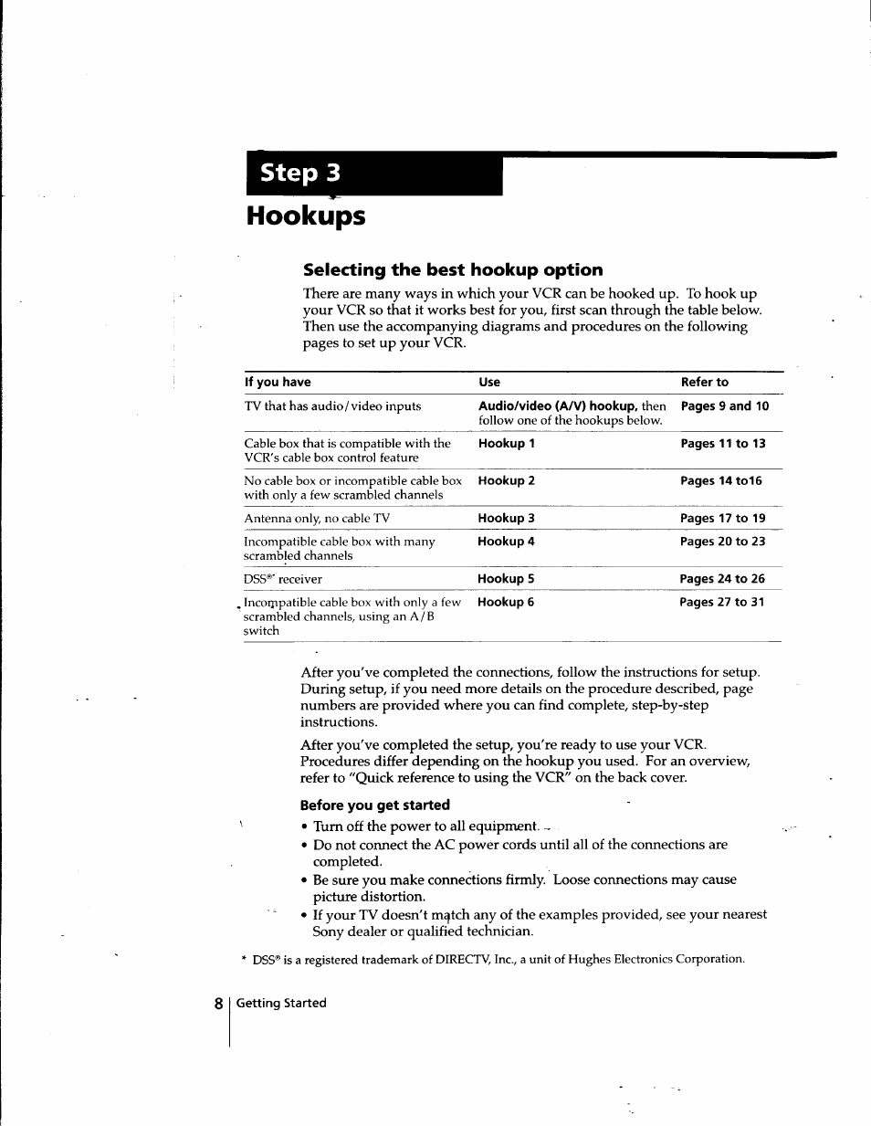 Hookups, Selecting the best hookup option, Before you get started | Step 3 | Sony SLV-998HF User Manual | Page 8 / 100