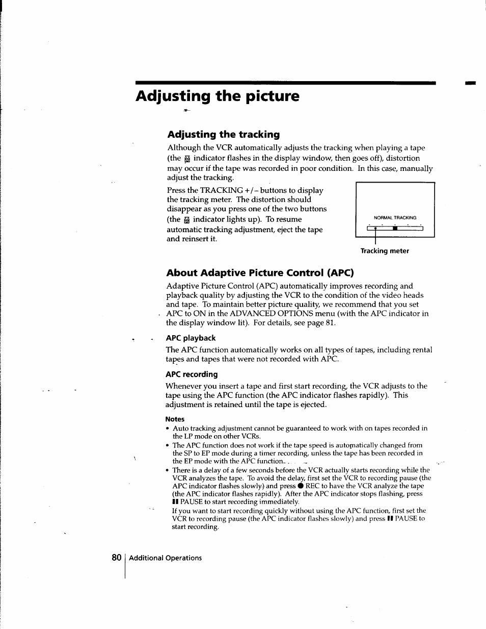 Adjusting the picture, Adjusting the tracking, About adaptive picture control (apc) | Apc playback, Apc recording, Notes | Sony SLV-998HF User Manual | Page 80 / 100