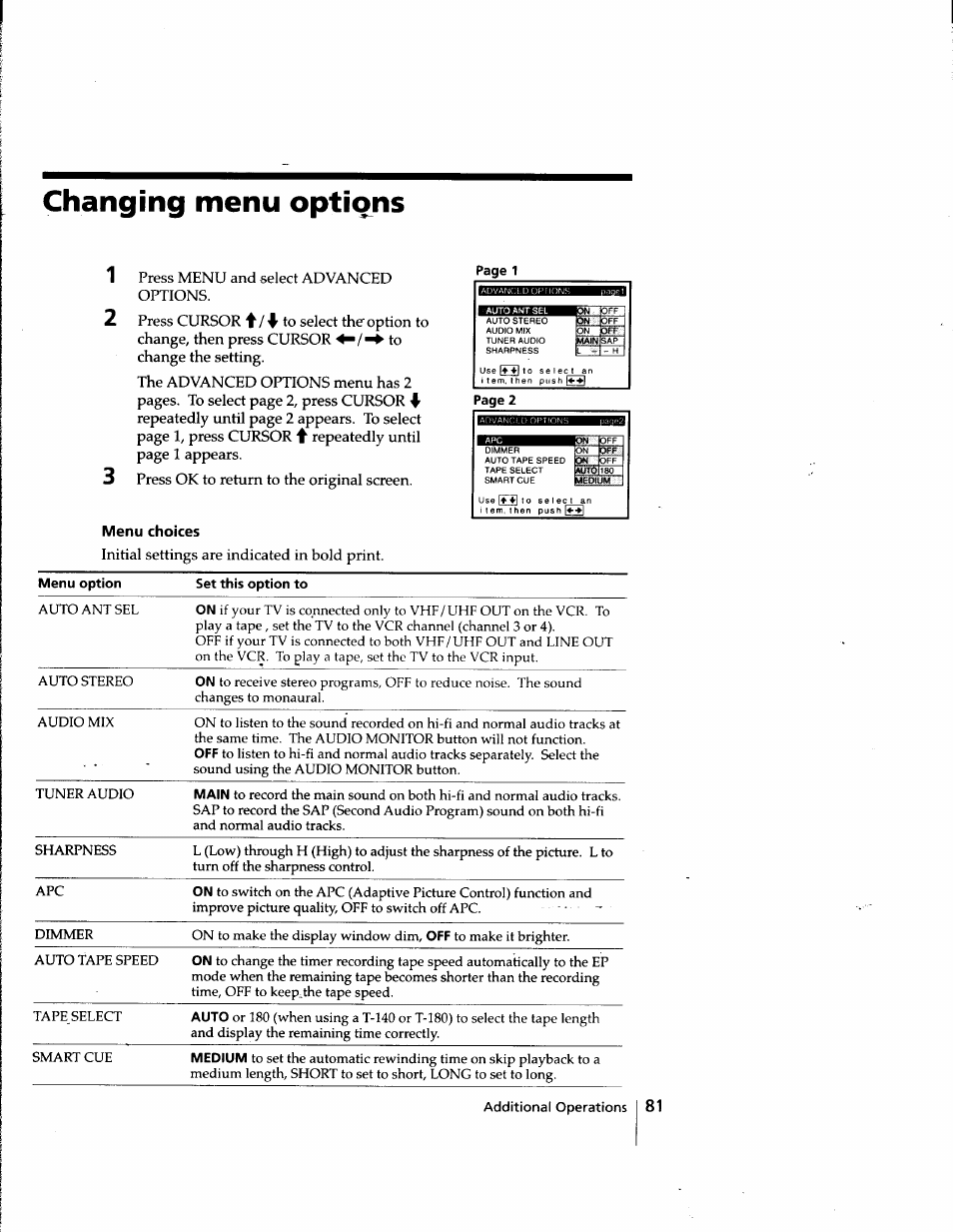 Changing menu options, Menu choices | Sony SLV-998HF User Manual | Page 81 / 100