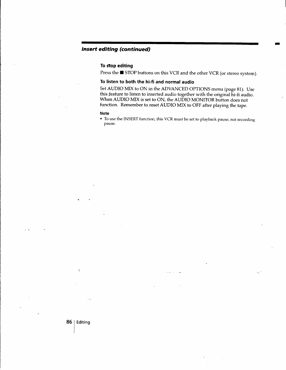 To stop editing, Insert editing (continued) | Sony SLV-998HF User Manual | Page 86 / 100
