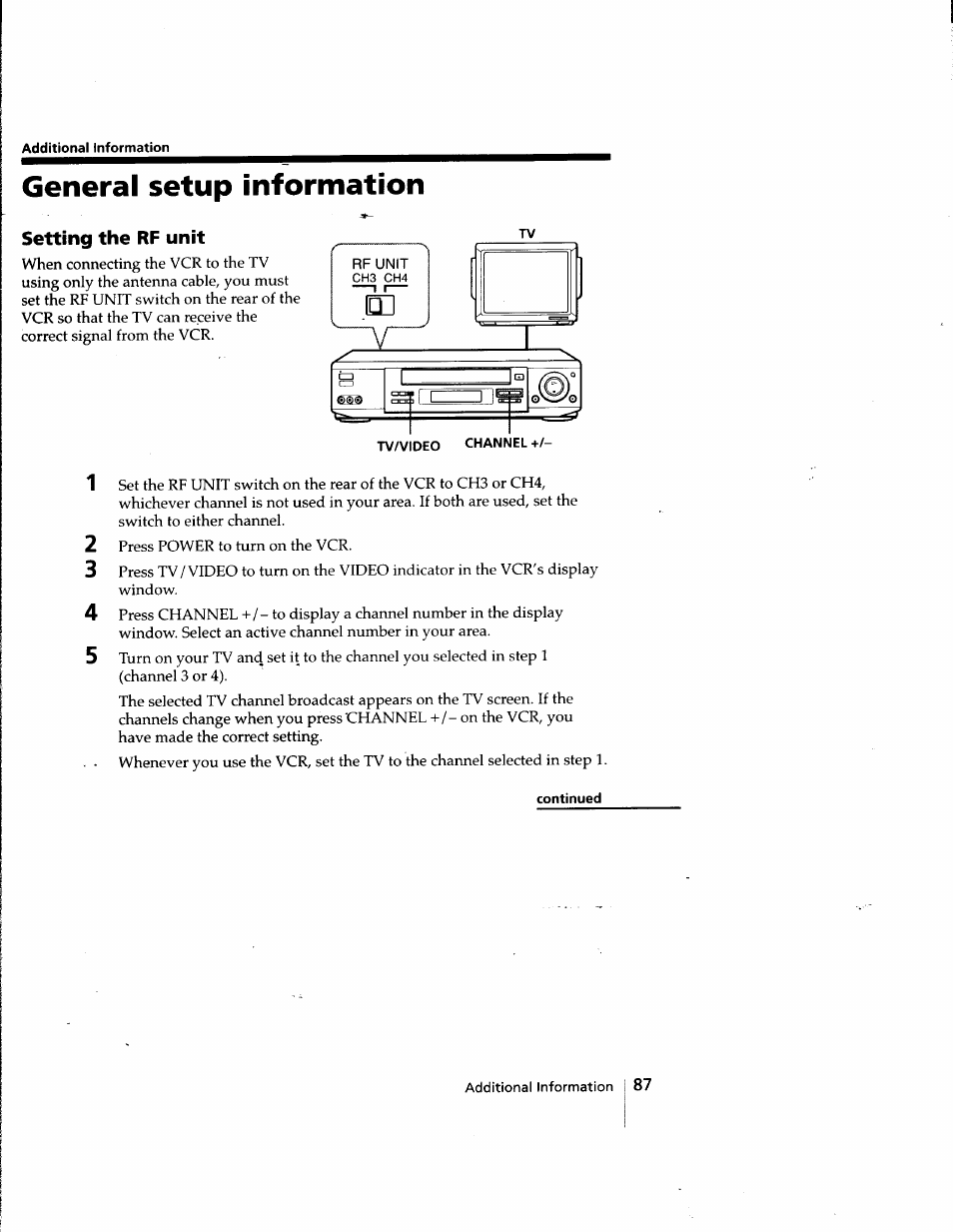 Additional information, General setup information, Continued | Sony SLV-998HF User Manual | Page 87 / 100