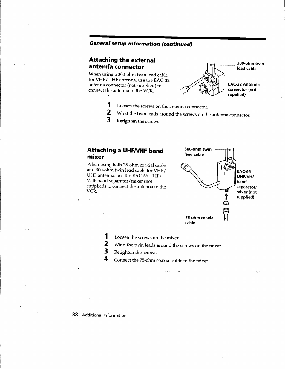 Attaching the external antenifa connector, Attaching a uhfa/hf band mixer | Sony SLV-998HF User Manual | Page 88 / 100