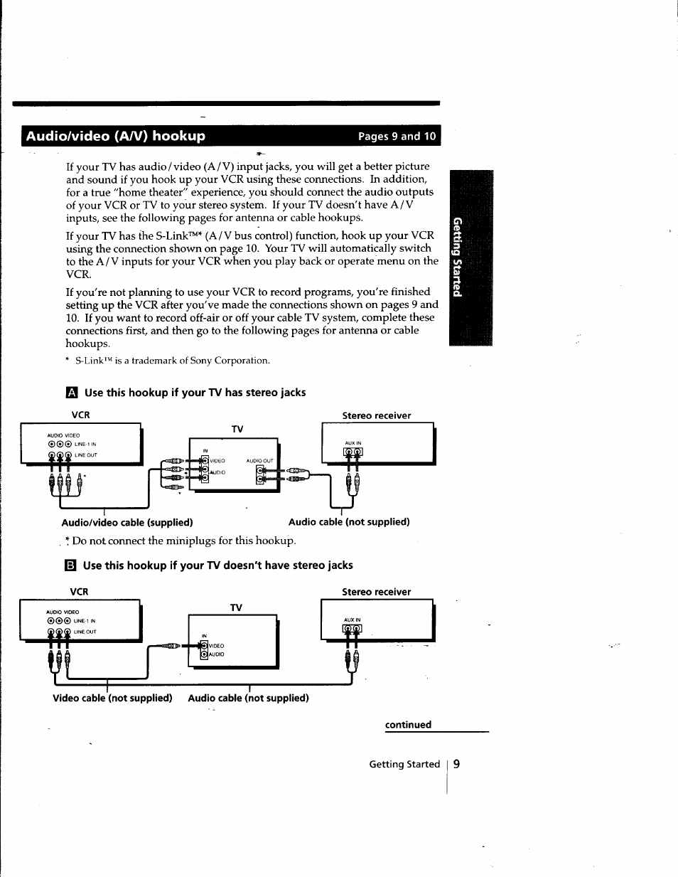 Q use this hookup if your tv has stereo jacks, Continued | Sony SLV-998HF User Manual | Page 9 / 100