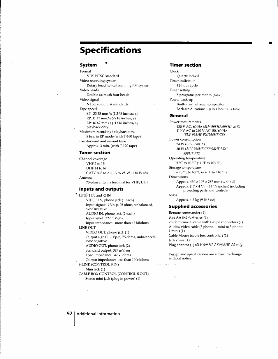 Specifications, System, Tuner section | Inputs and outputs, Timer section, General, Supplied accessories | Sony SLV-998HF User Manual | Page 92 / 100