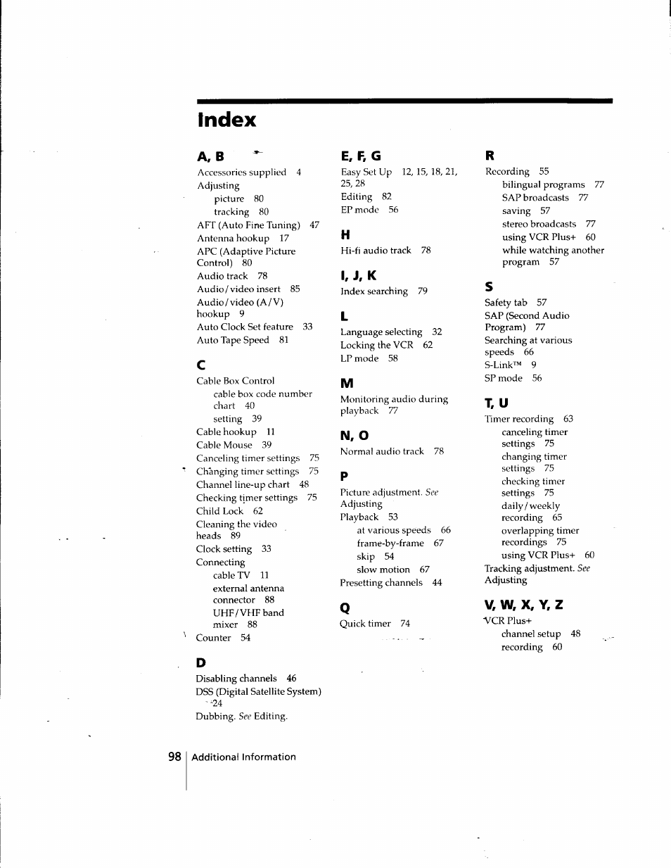 Index, A, b, E, f, g | I, j. k, N, o, T, u, V, w, x, y, z | Sony SLV-998HF User Manual | Page 98 / 100