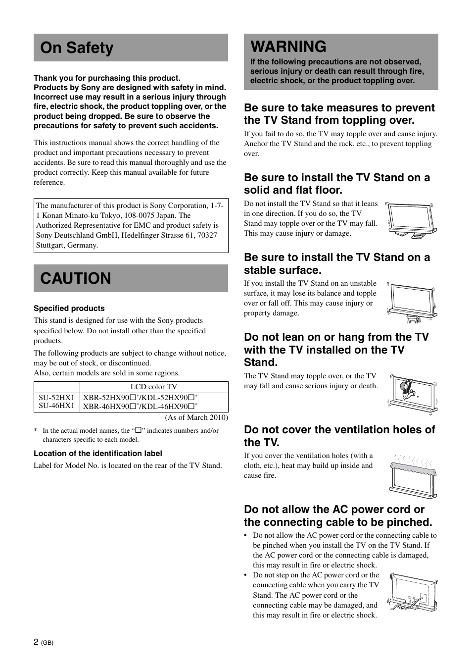 On safety, Caution, Warning | Do not cover the ventilation holes of the tv | Sony SU-52HX1 User Manual | Page 10 / 220