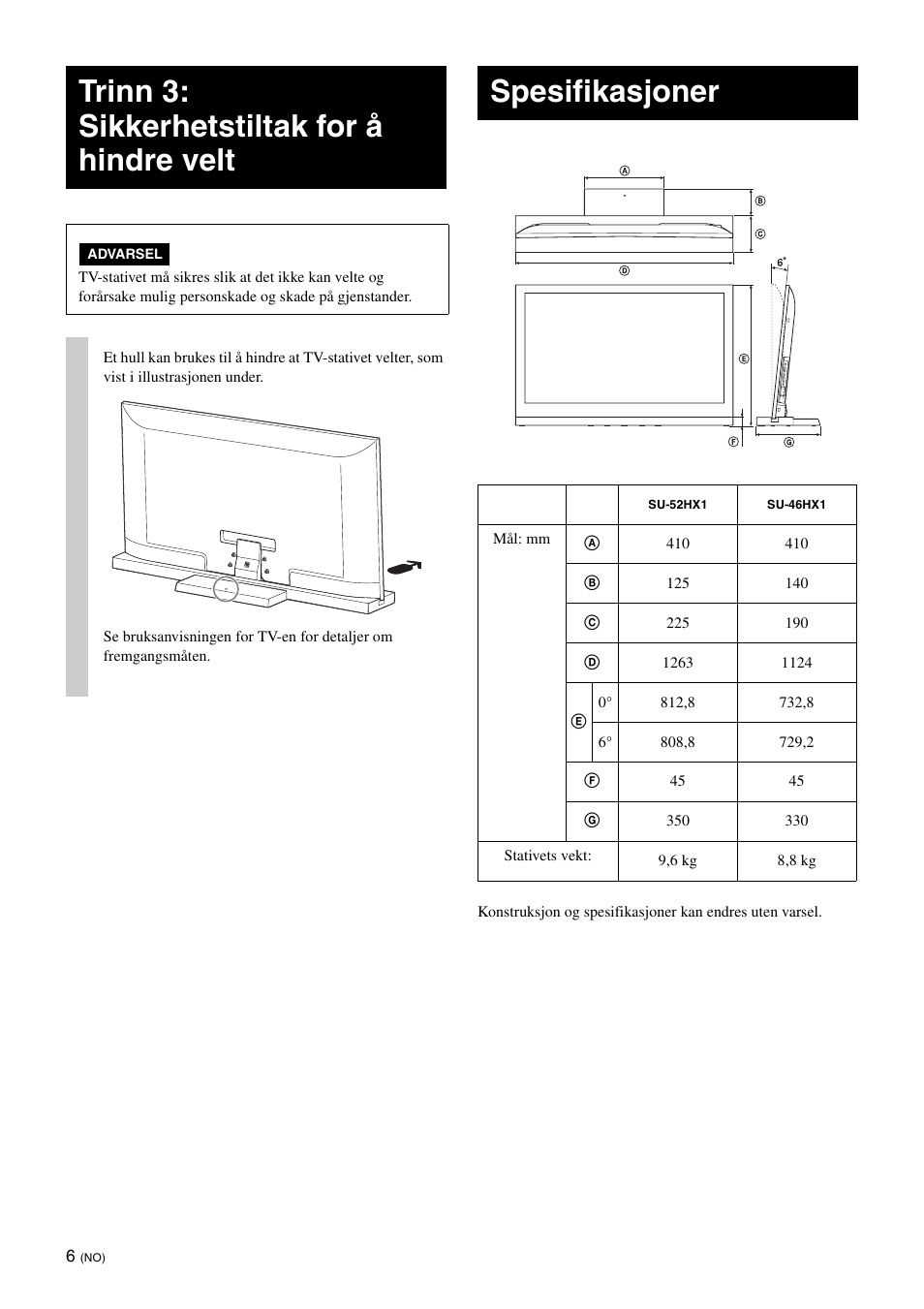 Trinn 3: sikkerhetstiltak for å hindre velt, Spesifikasjoner | Sony SU-52HX1 User Manual | Page 102 / 220