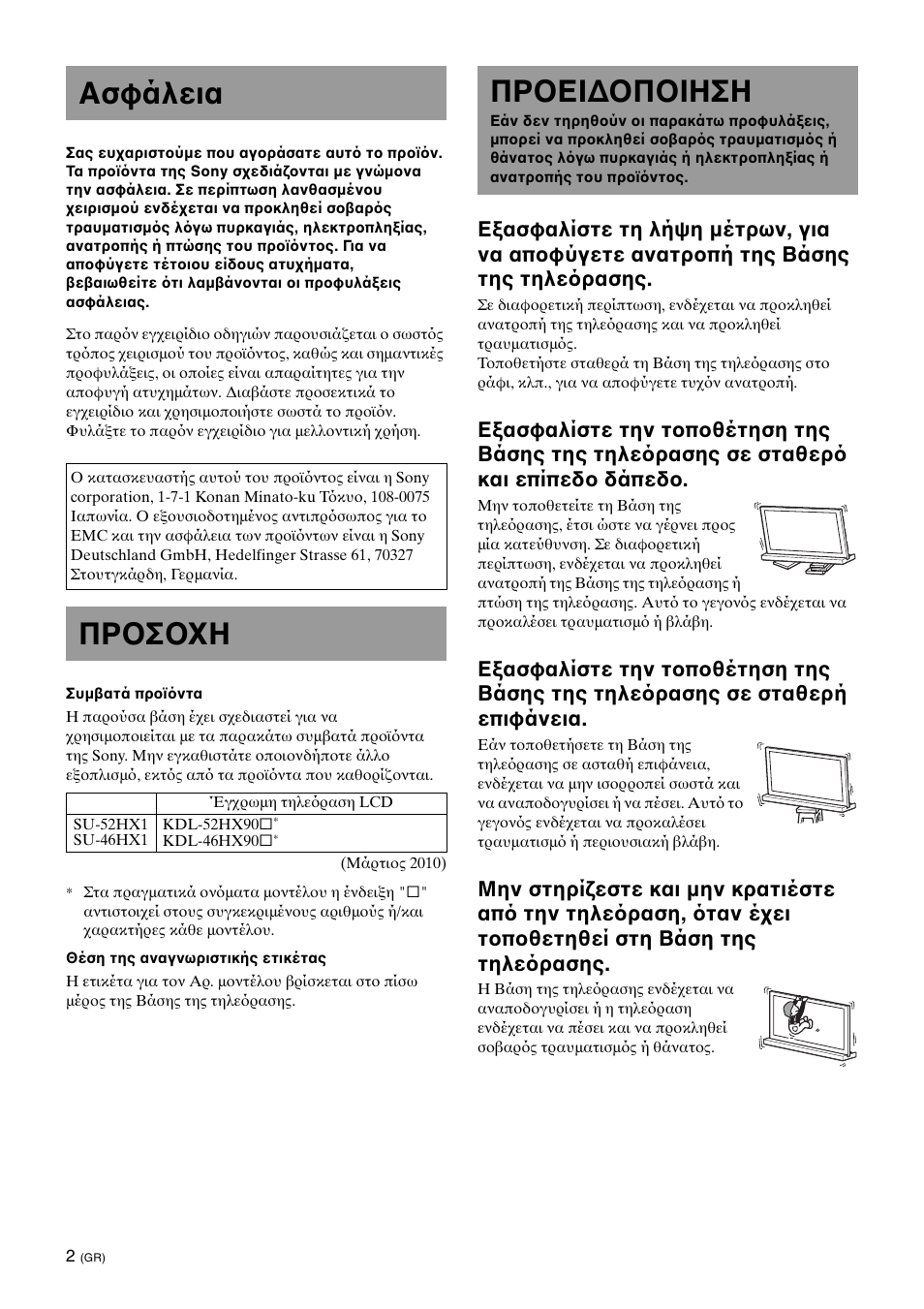 Ασφάλεια, Προσοχη, Προειδοποιηση | Sony SU-52HX1 User Manual | Page 106 / 220