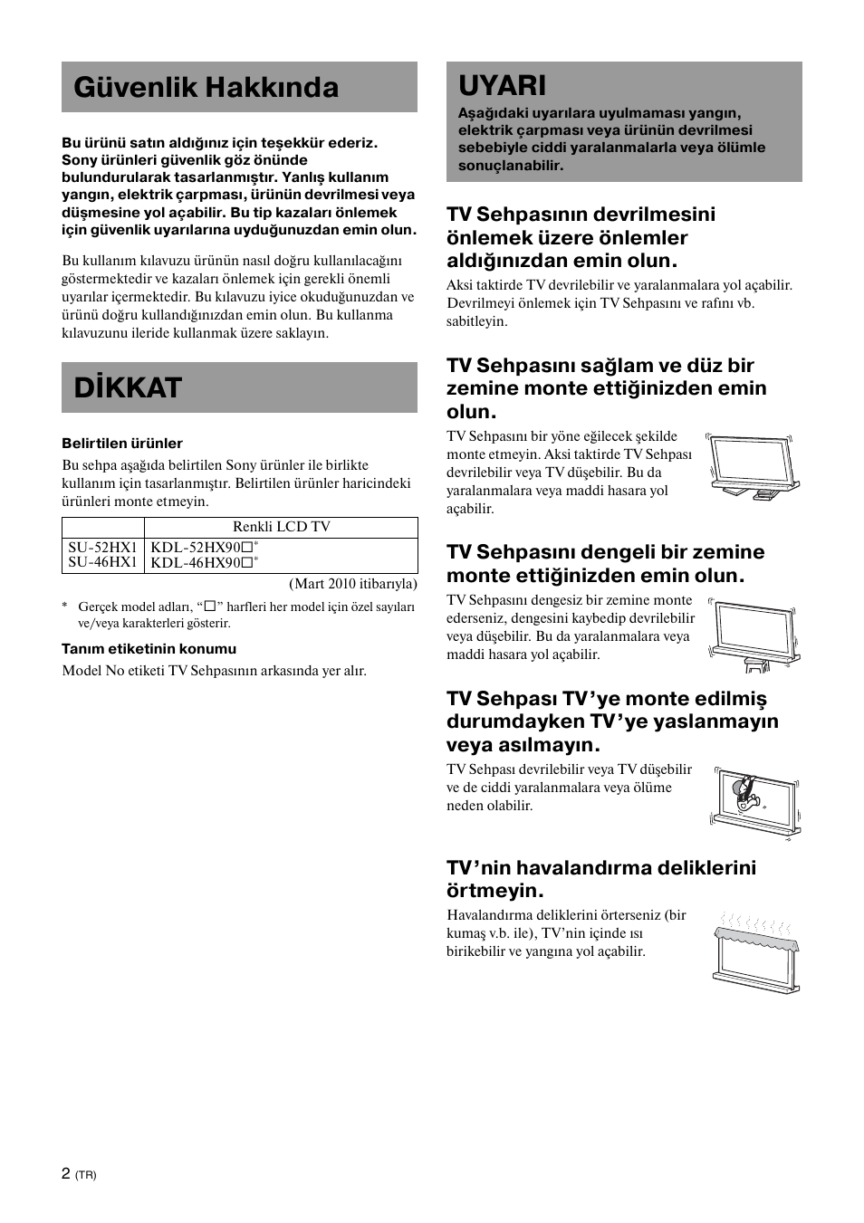 Güvenlik hakkında, Dikkat, Uyari | Güvenlik hakkında dikkat, Tv’nin havalandırma deliklerini örtmeyin | Sony SU-52HX1 User Manual | Page 114 / 220