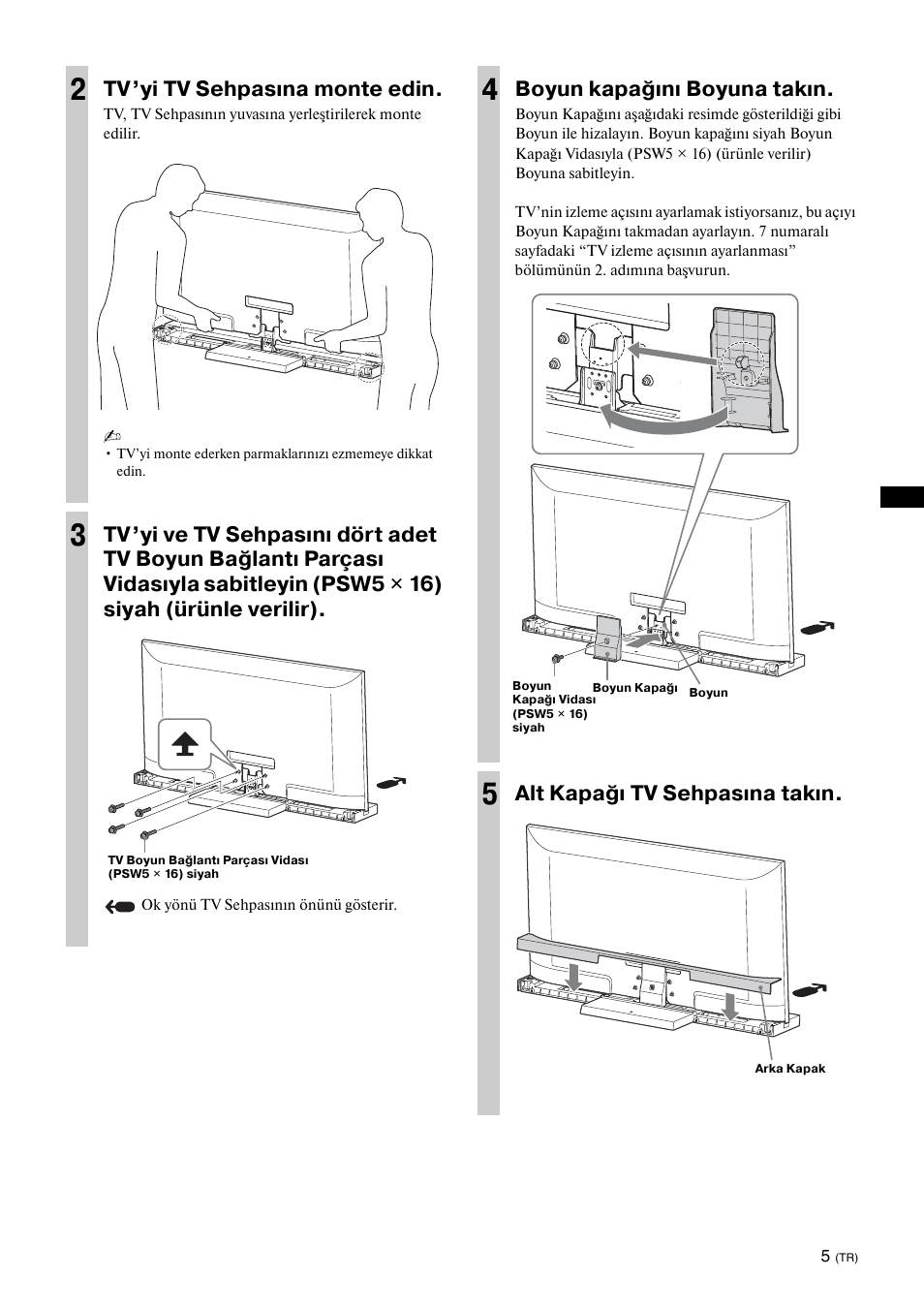 Tv’yi tv sehpasına monte edin, Boyun kapağını boyuna takın, Alt kapağı tv sehpasına takın | Sony SU-52HX1 User Manual | Page 117 / 220