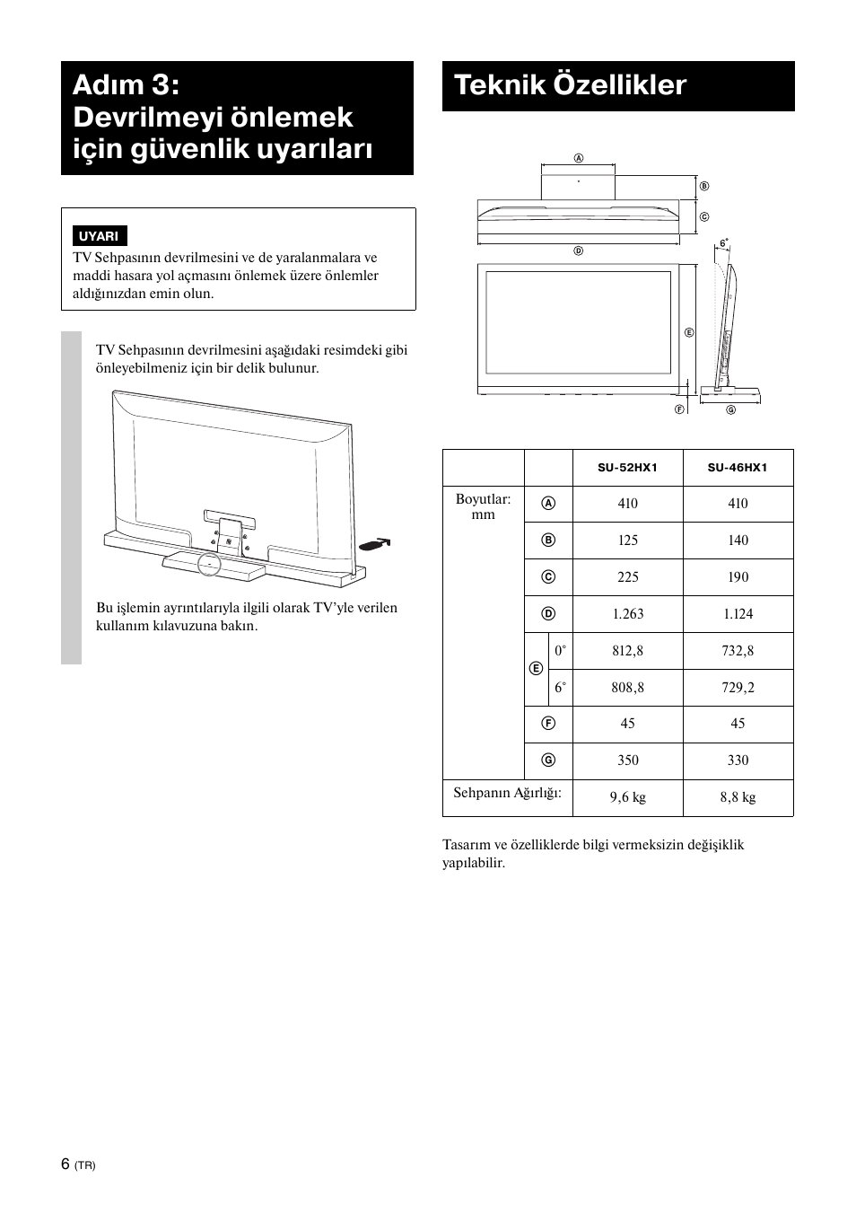 Adım 3: devrilmeyi önlemek için güvenlik uyarıları, Teknik özellikler | Sony SU-52HX1 User Manual | Page 118 / 220