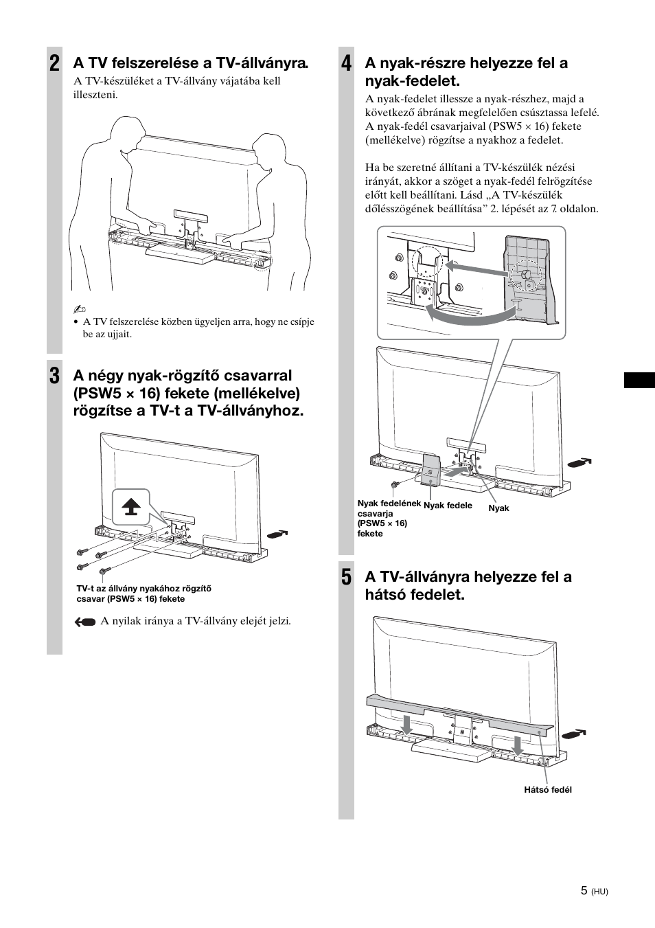 A tv felszerelése a tv-állványra, A nyak-részre helyezze fel a nyak-fedelet, A tv-állványra helyezze fel a hátsó fedelet | Sony SU-52HX1 User Manual | Page 125 / 220