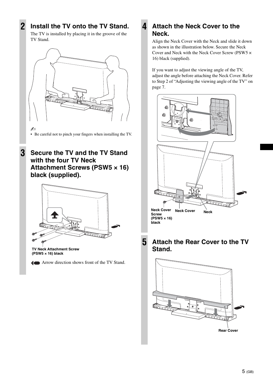 Install the tv onto the tv stand, Attach the neck cover to the neck, Attach the rear cover to the tv stand | Sony SU-52HX1 User Manual | Page 13 / 220