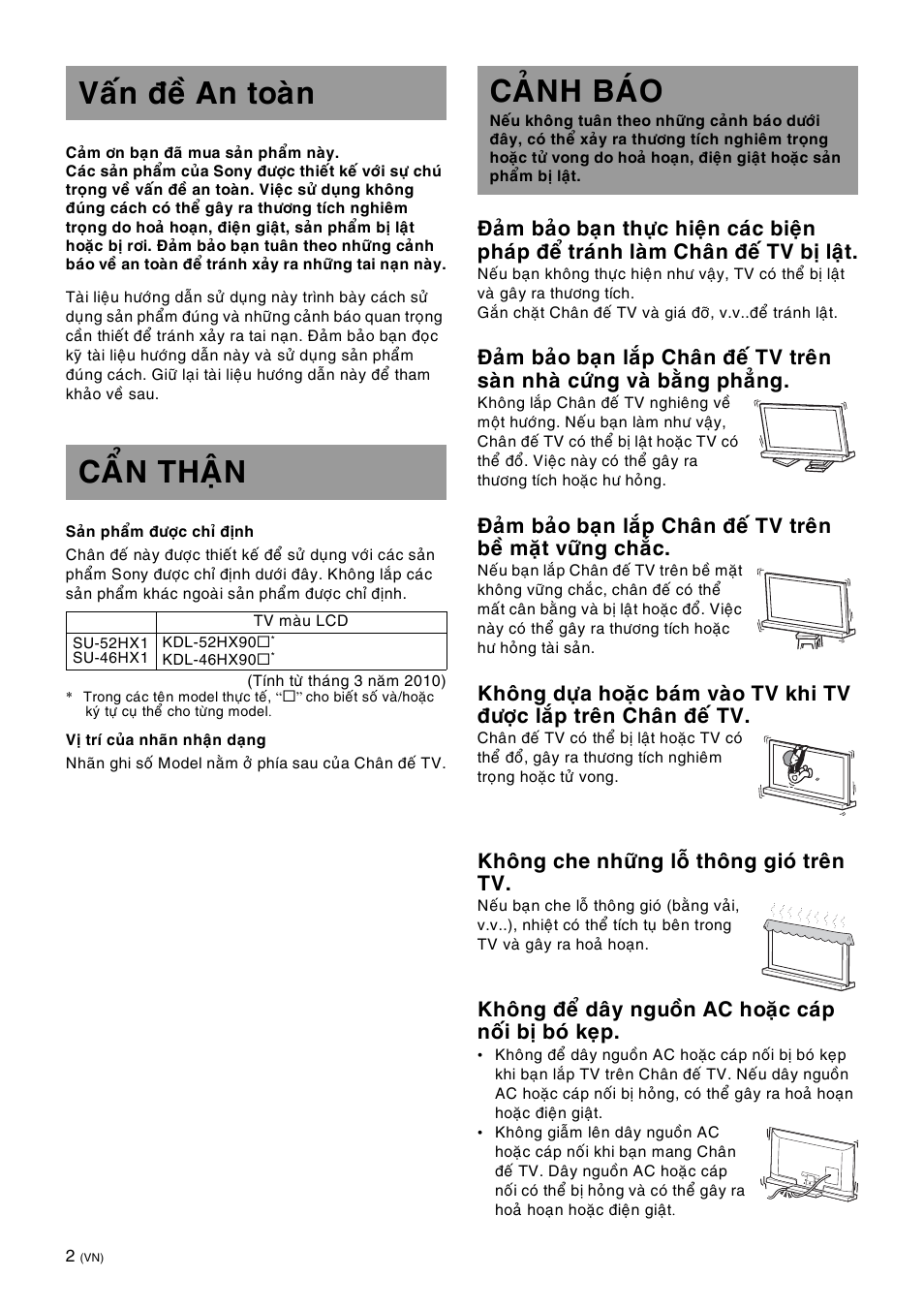 Vaán ñeà an toaøn caån thaän, Caûnh baùo, Khoâng che nhöõng loã thoâng gioù treân tv | Sony SU-52HX1 User Manual | Page 162 / 220