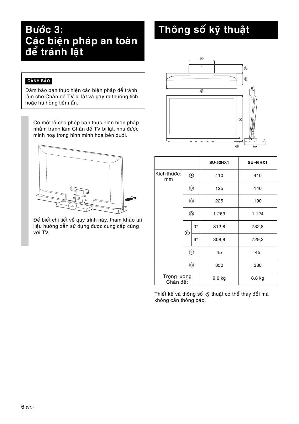 Böôùc 3: caùc bieän phaùp an toaøn ñeå traùnh laät, Thoâng soá kyõ thuaät | Sony SU-52HX1 User Manual | Page 166 / 220