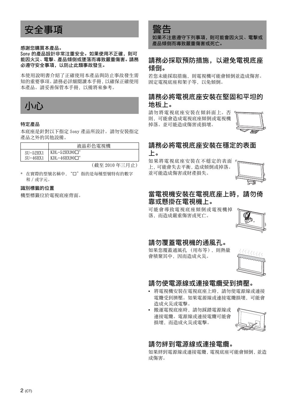 安全事項, 安全事項 小心, 請務必採取預防措施，以避免電視底座 傾倒 | 請務必將電視底座安裝在堅固和平坦的 地板上, 請務必將電視底座安裝在穩定的表面 上, 當電視機安裝在電視底座上時，請勿倚 靠或懸掛在電視機上, 請勿覆蓋電視機的通風孔, 請勿使電源線或連接電纜受到擠壓, 請勿絆到電源線或連接電纜 | Sony SU-52HX1 User Manual | Page 178 / 220