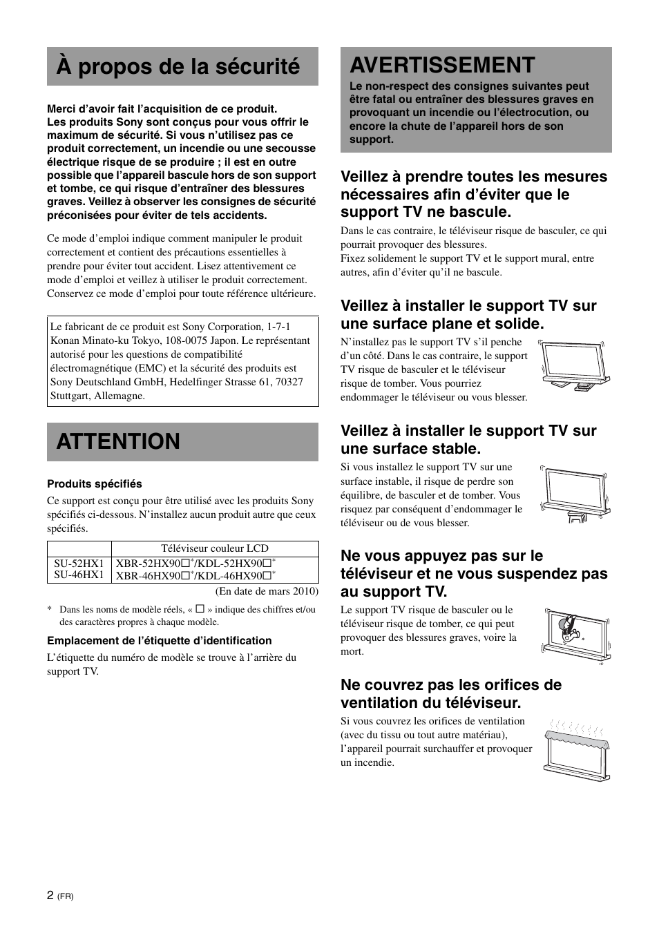 À propos de la sécurité, Attention, Avertissement | Sony SU-52HX1 User Manual | Page 18 / 220