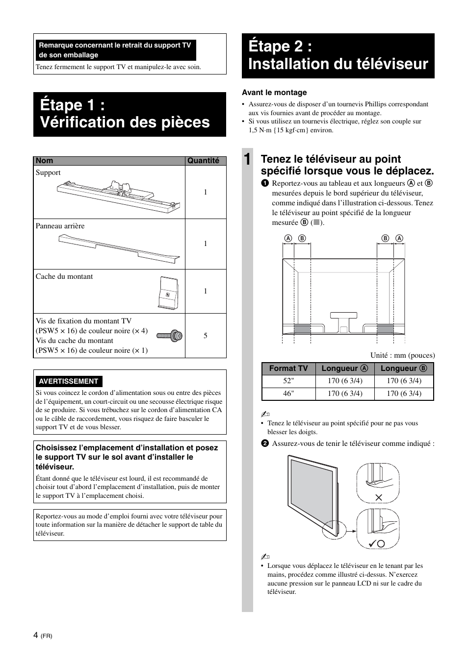 Étape 1 : vérification des pièces, Étape 2 : installation du téléviseur, Étape 2 : installation du téléviseur 1 | Sony SU-52HX1 User Manual | Page 20 / 220