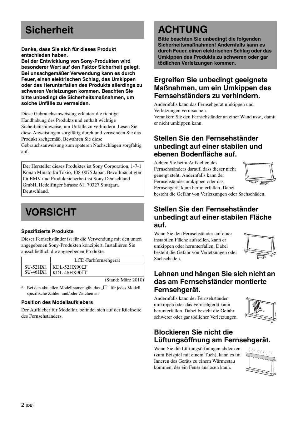 Sicherheit, Vorsicht, Achtung | Sony SU-52HX1 User Manual | Page 34 / 220