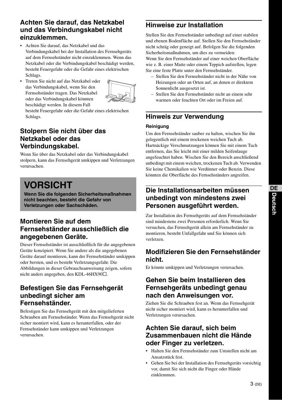 Vorsicht, Hinweise zur installation, Hinweis zur verwendung | Modifizieren sie den fernsehständer nicht | Sony SU-52HX1 User Manual | Page 35 / 220