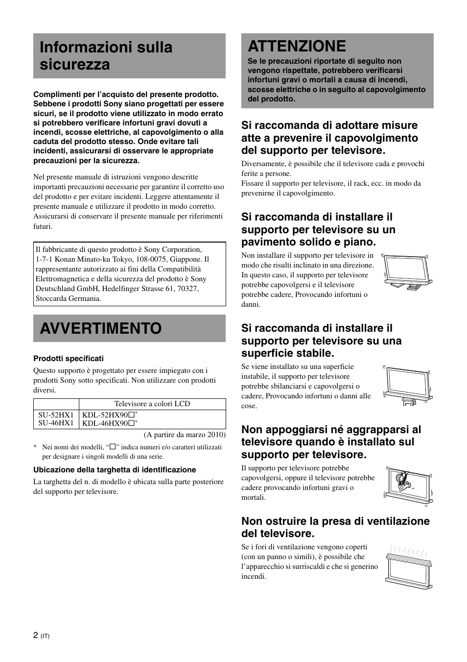 Informazioni sulla sicurezza, Avvertimento, Attenzione | Sony SU-52HX1 User Manual | Page 50 / 220