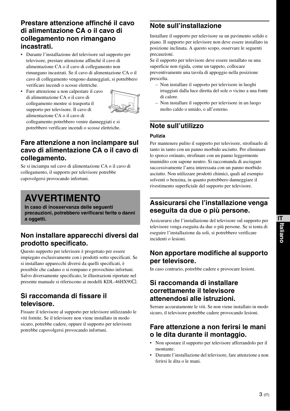 Avvertimento, Si raccomanda di fissare il televisore, Non apportare modifiche al supporto per televisore | Sony SU-52HX1 User Manual | Page 51 / 220