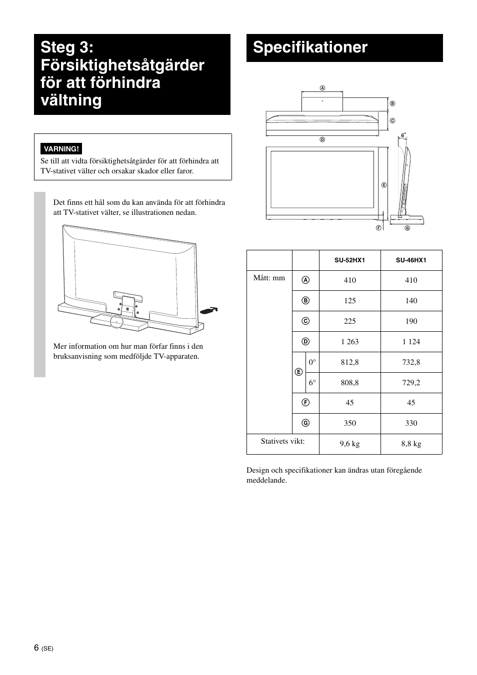 Specifikationer | Sony SU-52HX1 User Manual | Page 62 / 220