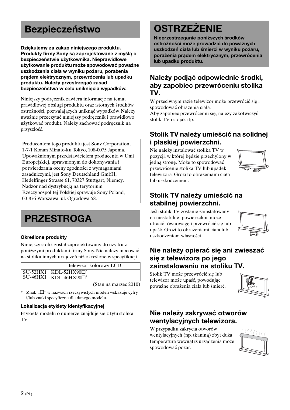 Bezpieczeństwo, Przestroga, Ostrzeżenie | Stolik tv należy umieścić na stabilnej powierzchni | Sony SU-52HX1 User Manual | Page 66 / 220