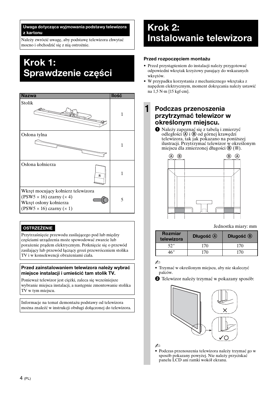 Krok 1: sprawdzenie części, Krok 2: instalowanie telewizora, Krok 2: instalowanie telewizora 1 | Sony SU-52HX1 User Manual | Page 68 / 220