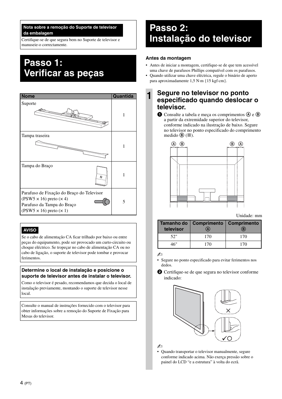 Passo 1: verificar as peças, Passo 2: instalação do televisor, Passo 2: instalação do televisor 1 | Sony SU-52HX1 User Manual | Page 76 / 220