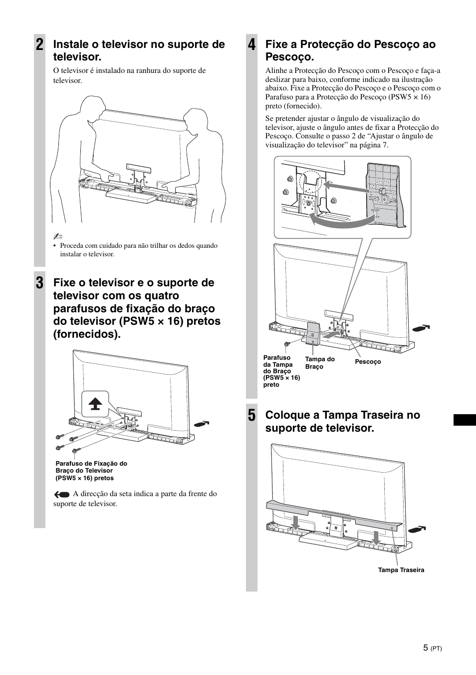 Instale o televisor no suporte de televisor, Fixe a protecção do pescoço ao pescoço, Coloque a tampa traseira no suporte de televisor | Sony SU-52HX1 User Manual | Page 77 / 220