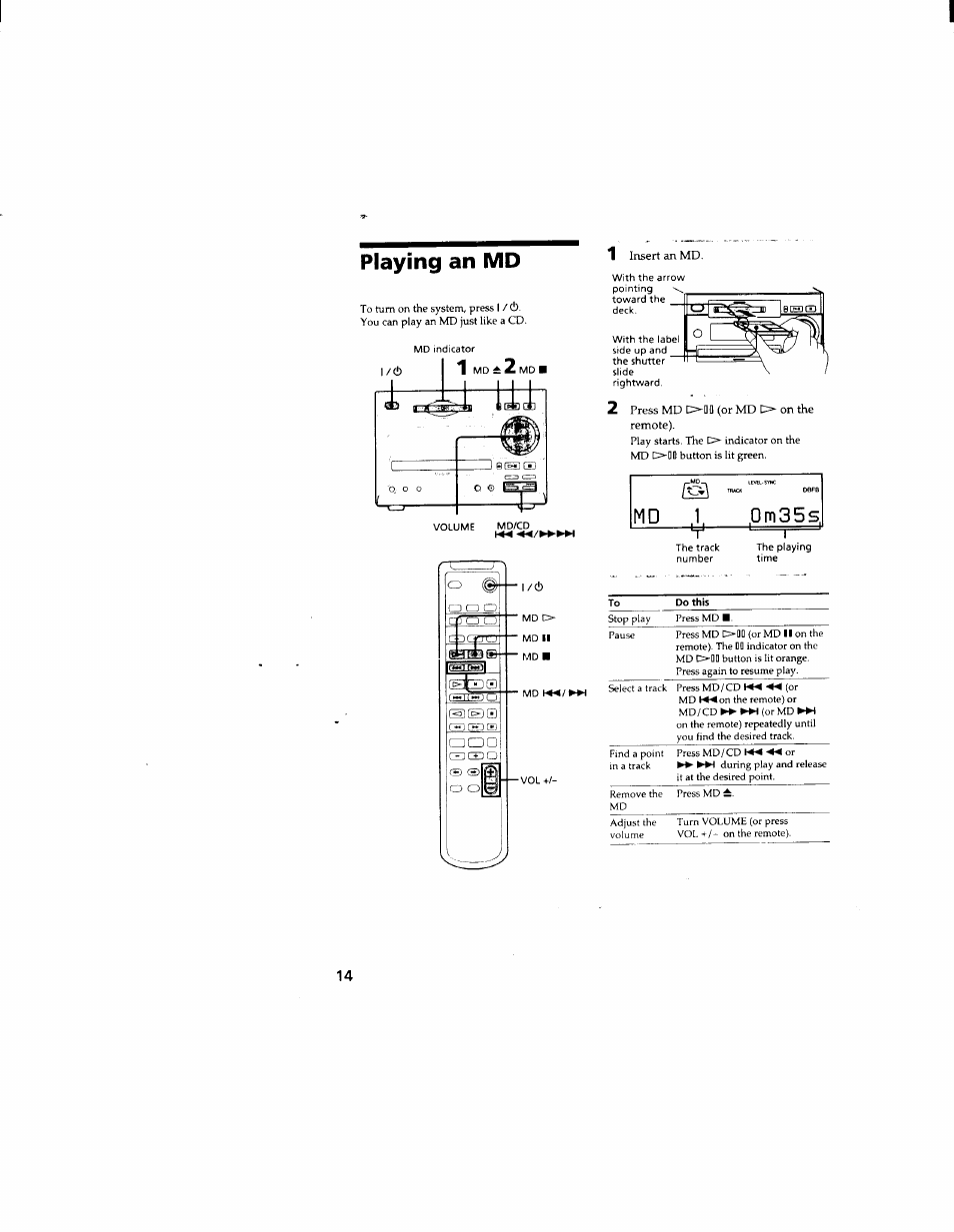 Playing an md, 1 insert an md, 2 press md c^dfl (or md o on the remote) | Md_4, 0 m 3 5 s | Sony DHC-MD333 User Manual | Page 14 / 60