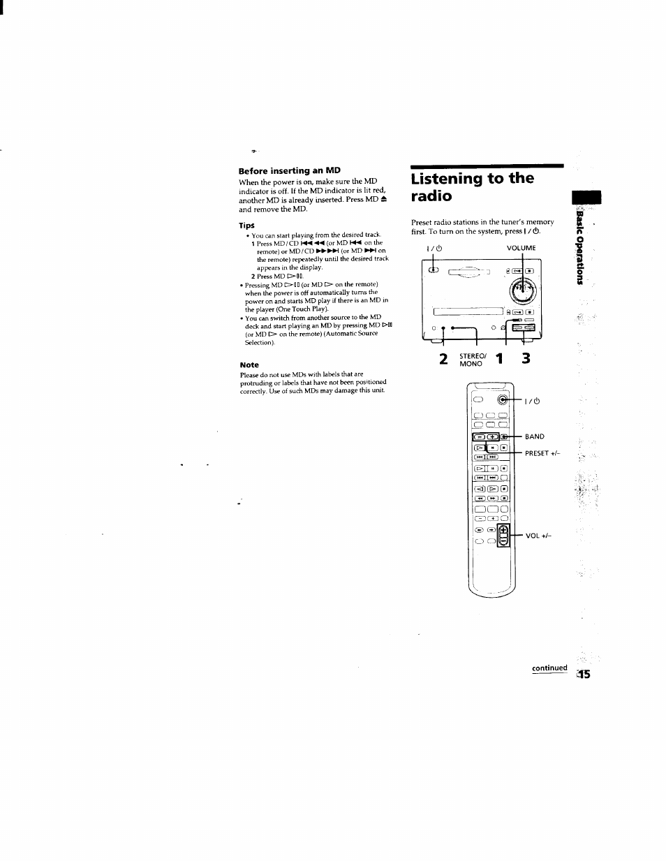 Before inserting an md, Listening to the radio, L/cl) | Sony DHC-MD333 User Manual | Page 15 / 60