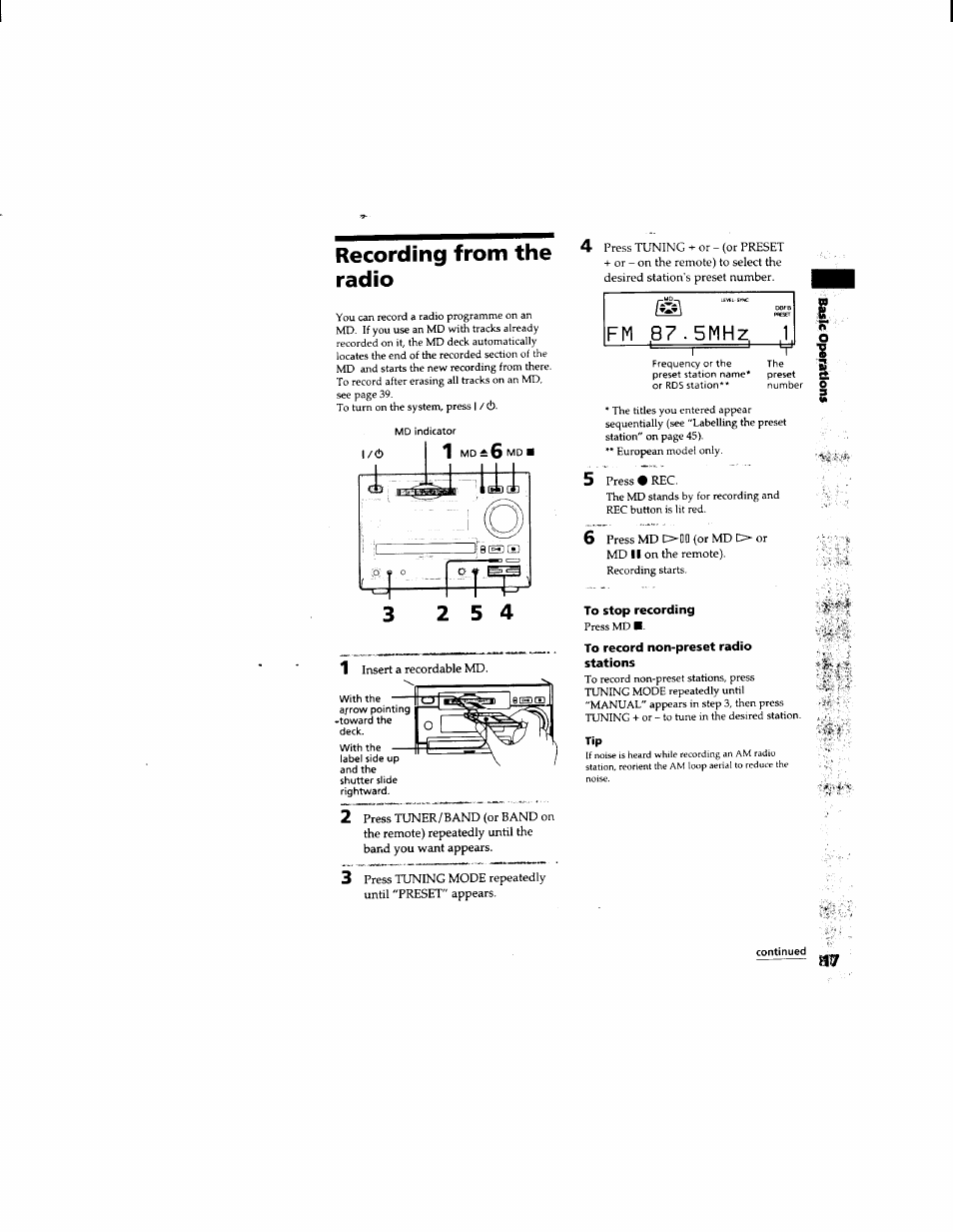 Recording from the radio, To stop recording, To record non-preset radio stations | Continued | Sony DHC-MD333 User Manual | Page 17 / 60