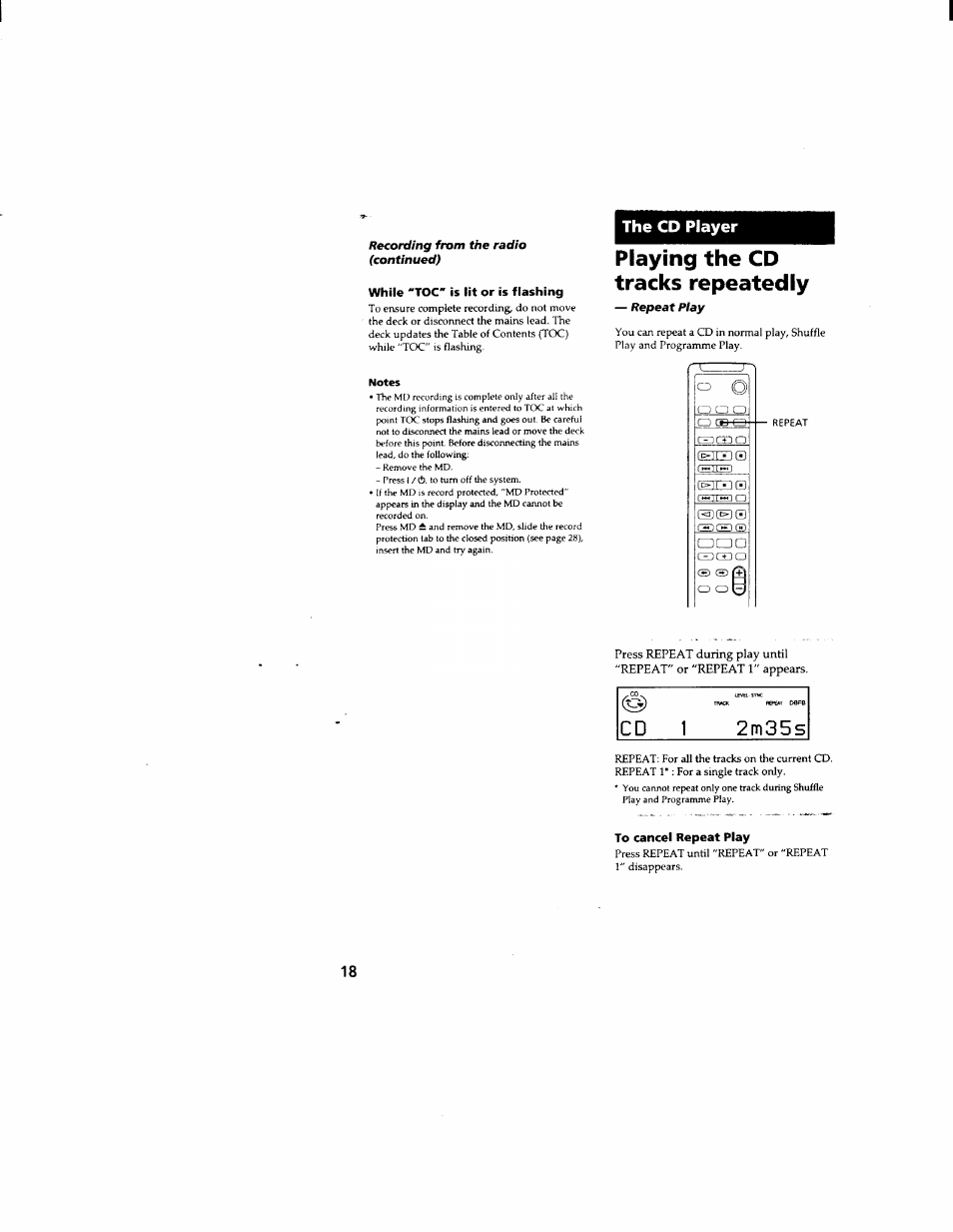 While "toc” is lit or is flashing, Notes, The cd player | Playing the cd tracks repeatedly, To cancel repeat play, Playing the cd trades repeatedly, Cd 1 2m35s | Sony DHC-MD333 User Manual | Page 18 / 60