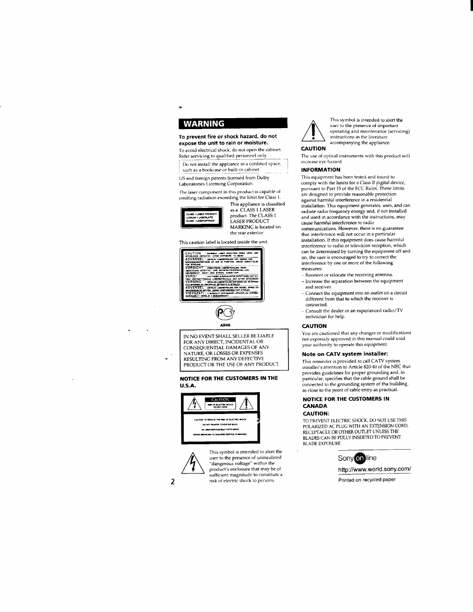 Warning, Notice for the customers in the u.s.a, Caution | Information, Note on catv system installer, Notice for the customers in, Canada, Sony^^line, Printed on recycled paper | Sony DHC-MD333 User Manual | Page 2 / 60