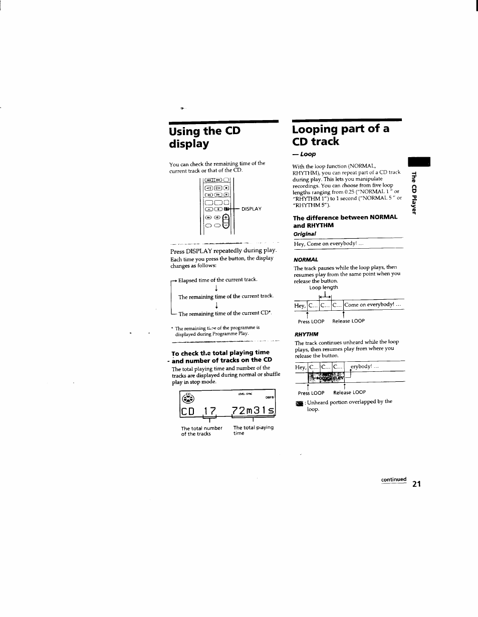 Using the cd display, Looping part of a cd track, The difference between normal | And rhythm, Continued | Sony DHC-MD333 User Manual | Page 21 / 60