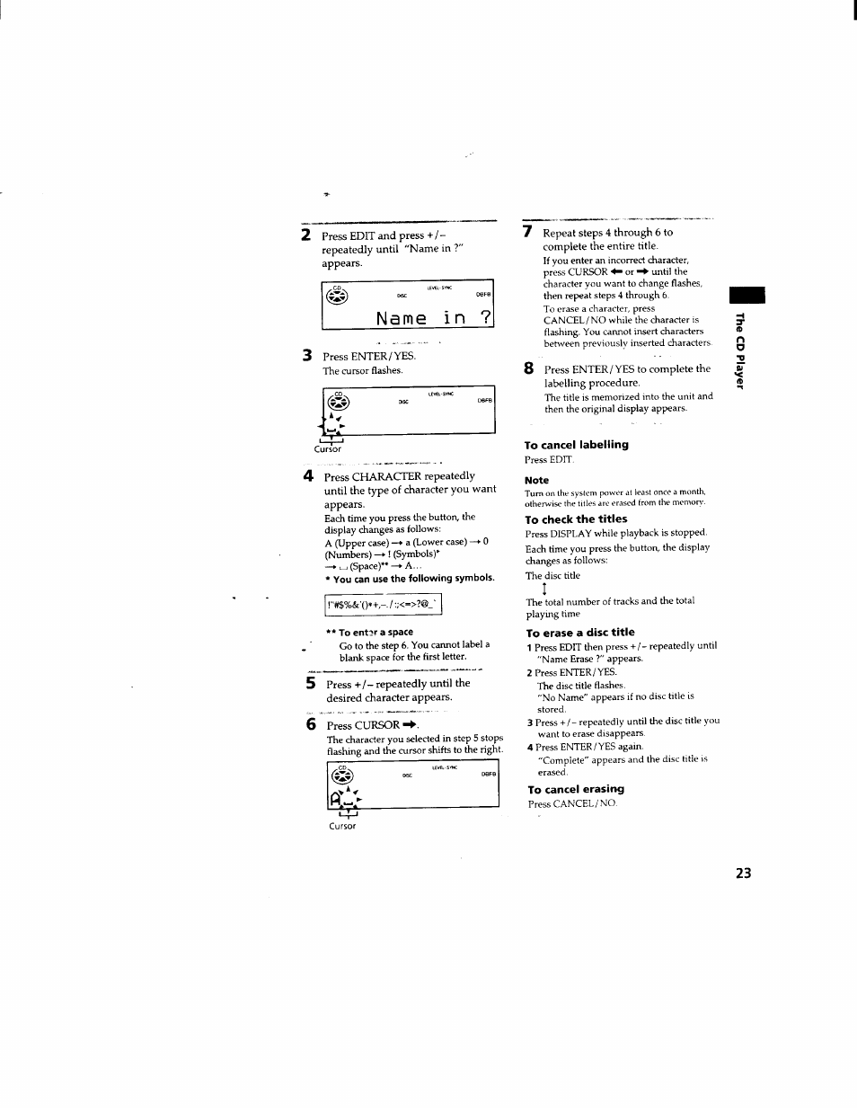 You can use the following symbols, To ent3r a space, To cancel labelling | To check the titles, To erase a disc title, To cancel erasing, Name in | Sony DHC-MD333 User Manual | Page 23 / 60