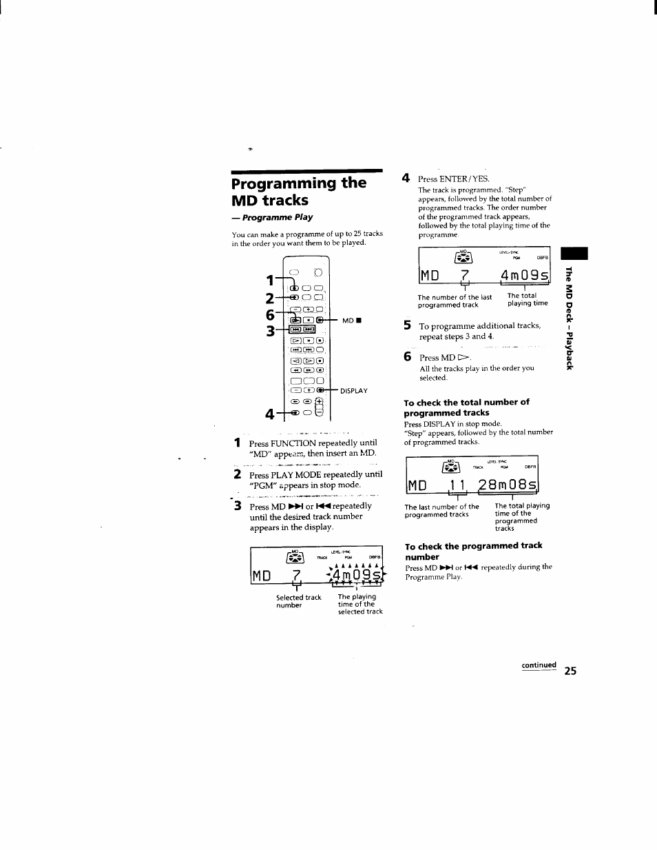 Programming the md tracks, To check the total number of programmed tracks, To check the programmed track number | Continued, 4 m 0 9 s | Sony DHC-MD333 User Manual | Page 25 / 60