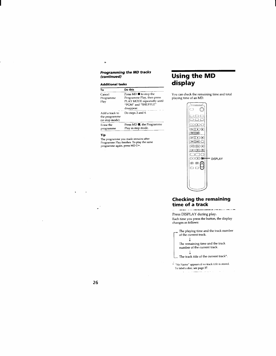 Using the md display, Checking the remaining time of a track, Press display during play | Sony DHC-MD333 User Manual | Page 26 / 60