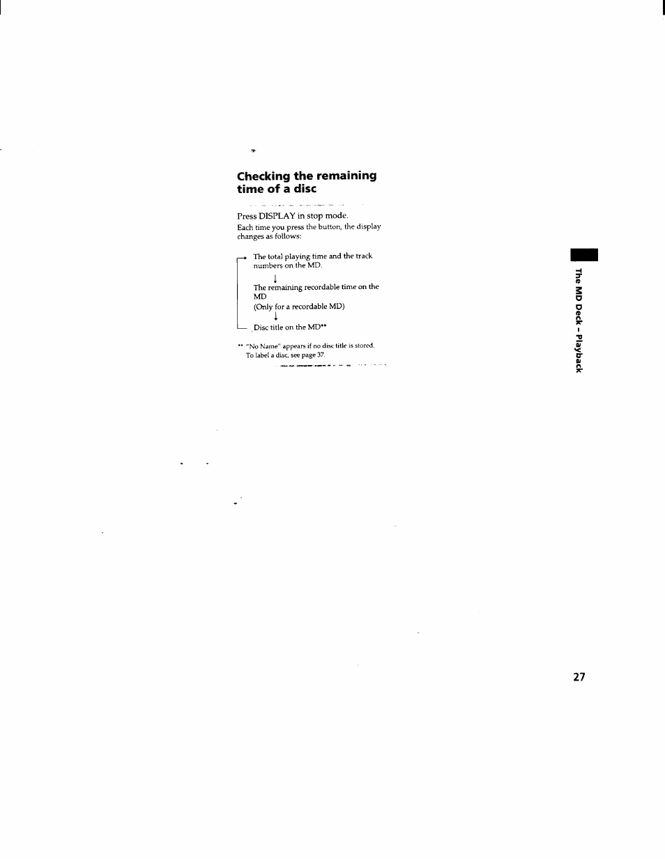 Checking the remaining time of a disc, Press display in stop mode | Sony DHC-MD333 User Manual | Page 27 / 60