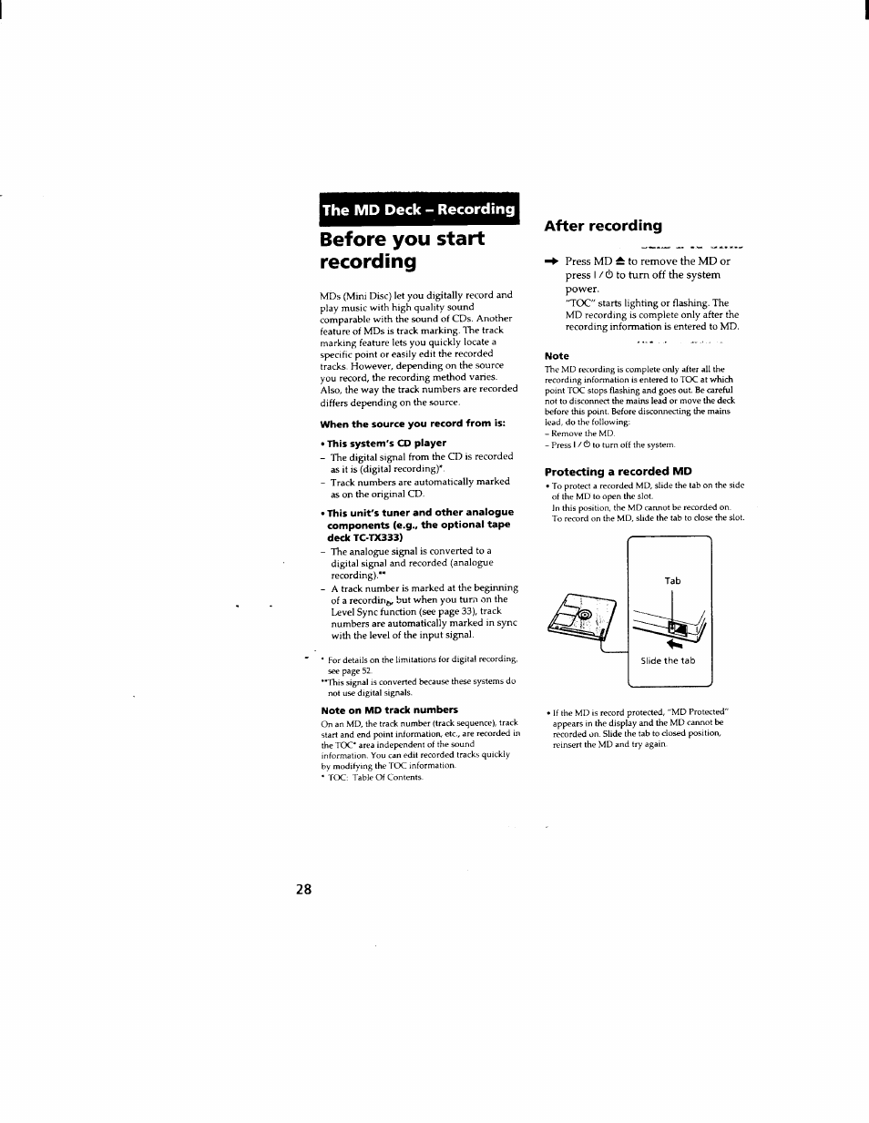 The md deck - recording, Before you start recording, When the source you record from is | This system's cd player, Note on md track numbers, Note, Recording, After | Sony DHC-MD333 User Manual | Page 28 / 60