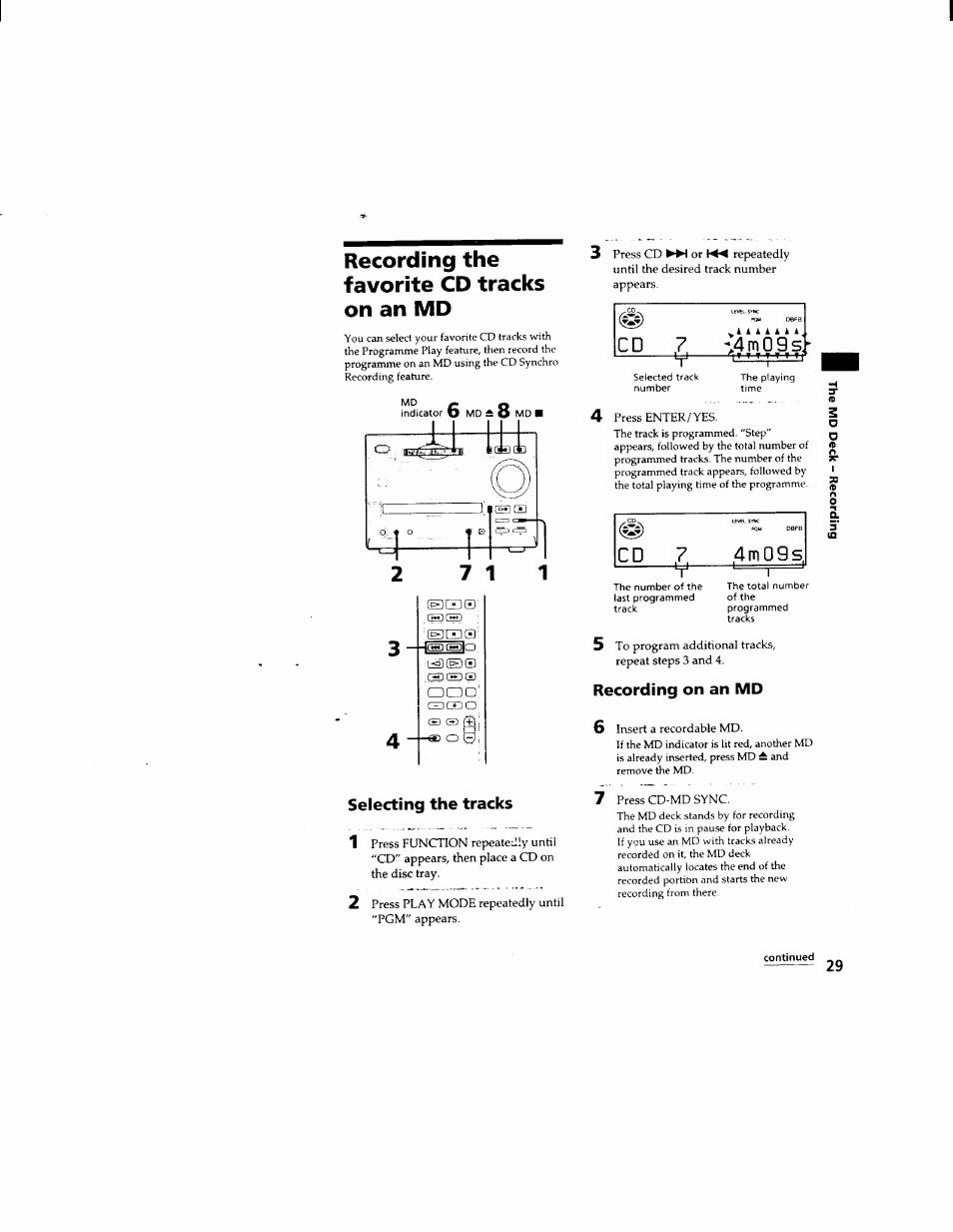 Recording the favorite cd tracks on an md, Selecting the tracks, 4 m 0 9 s | Recording on an md, Continued, Cd ^4mp9s, Cd 4 m 0 9 s, Recording on an md 6 | Sony DHC-MD333 User Manual | Page 29 / 60