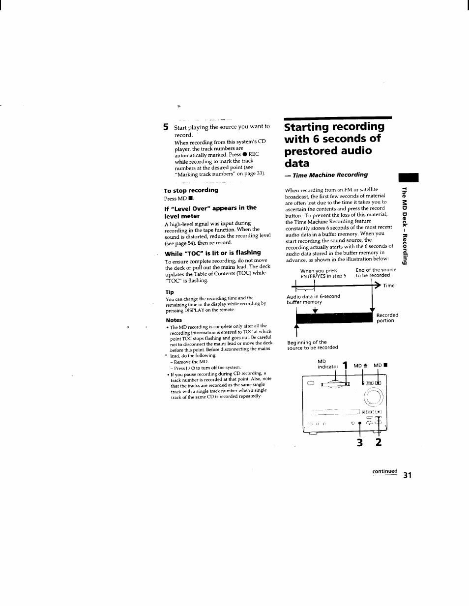 Start playing the source you want to record, To stop recording, If "level over" appears in the level meter | While "toc" is lit or is flashing, Notes, Continued | Sony DHC-MD333 User Manual | Page 31 / 60