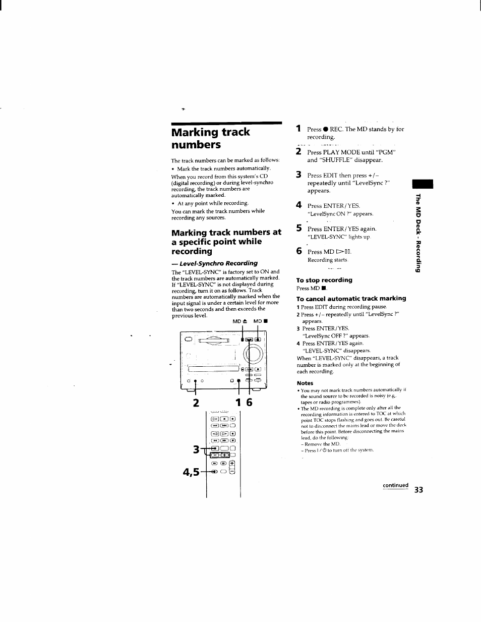 Marking track numbers, To stop recording, To cancel automatic track marking | Notes, Continued | Sony DHC-MD333 User Manual | Page 33 / 60