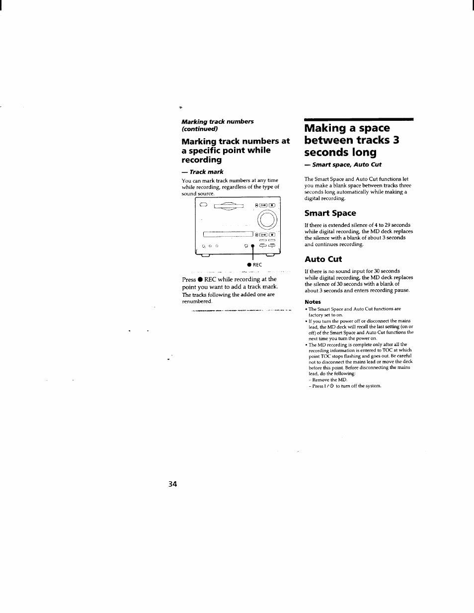 Making a space between tracks 3 seconds long, Smart space, Auto cut | Notes | Sony DHC-MD333 User Manual | Page 34 / 60