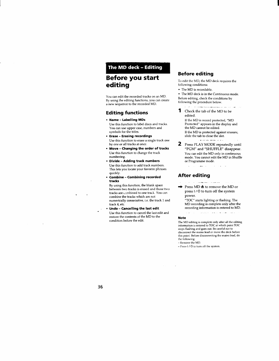 The md deck - editing, Before you start editing, Editing functions | Name - labelling mds, Erase - erasing recordings, Divide - adding track numbers, Combine - combining recorded tracks, Undo - cancelling the last edit, Before editing, 1 check the tab of the md to be edited | Sony DHC-MD333 User Manual | Page 36 / 60