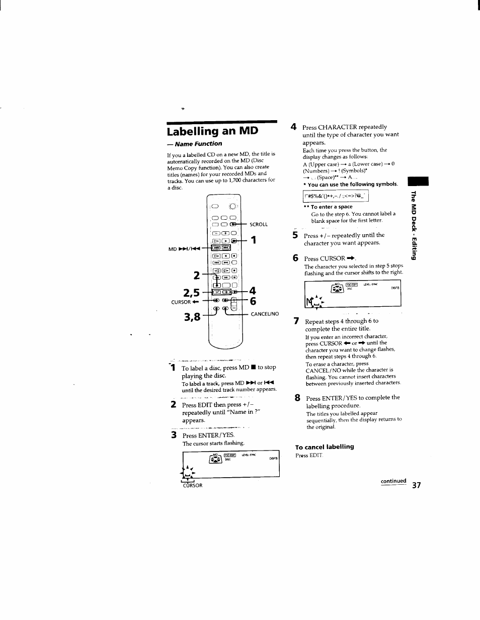 Labelling an md, You can use the following symbols, To enter a space | To cancel labelling, Continued | Sony DHC-MD333 User Manual | Page 37 / 60