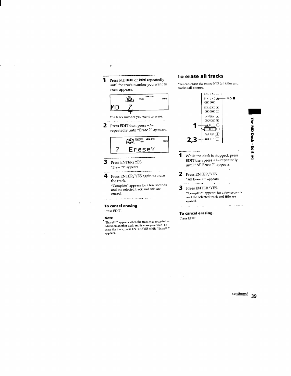 To cancel erasing, Note, To erase all tracks | Continued, Erase | Sony DHC-MD333 User Manual | Page 39 / 60